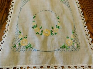 Vtg Hand Embroidered Cotton Runner/scarf Yellow Flowers 12x36