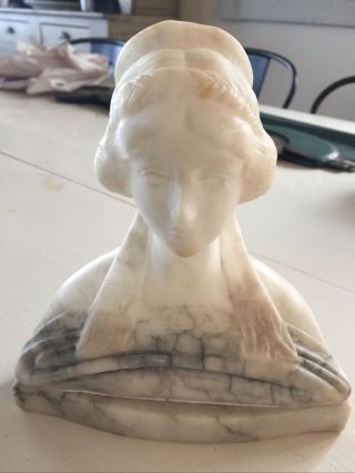 Old Antique Alabaster Marble Bust Of A Young Woman 7”