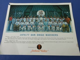 1976 - 77 San Diego Mariners Wha Hockey Team Photo,  Compliments Of Fashion Valley