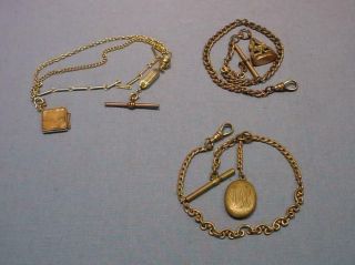 3 Antique Gold Filled Pocket Watch Chains With Fobs