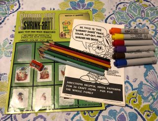 Vintage Shrink Art Shrinky Dinks 2 Pattern Books 6 Colored Pencils 6 Markers