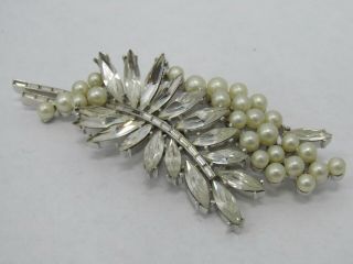 Vintage Trifari Silver Tone Crystal Pave Faux Pearl Laurel Leaf Brooch