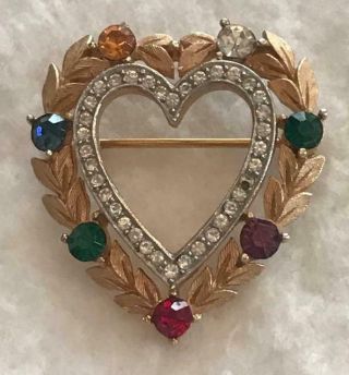 Vintage Estate Crown Trifari Rhinestone Dearest Heart Brooch Pin Golden Leaves