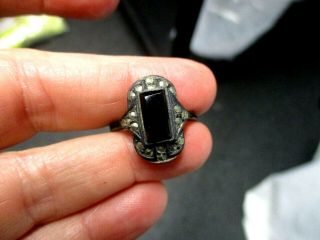 Antique 925 Sterling Silver Ring With Black Onyx & Marcasite Size 7 1/2