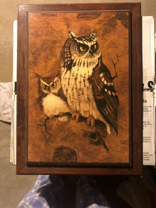 Vintage Richard Screech Vintage Owl Wood Framed Plaque Picture Wall Art Signed