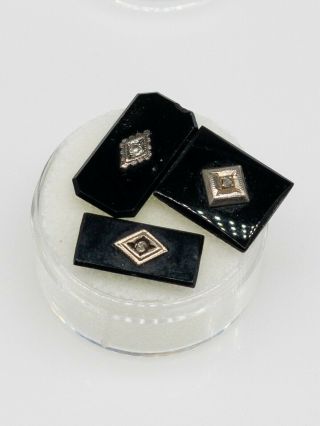 Set Of 3 Antique 1940s 13ct Onyx Diamond 14k White Gold Insets