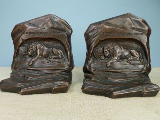Antique Lion Of Lucerne Bookends,  Jennings Bros. ,  Bronzed White Metal,  1920 