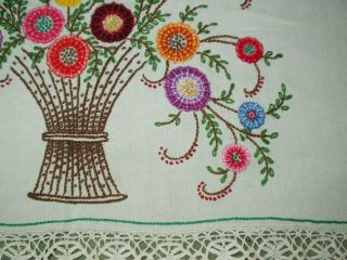 Antique Heavily Hand Embroidered Floral Flower Baskets Gypsy Boho Tablecloth