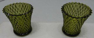 Set Of 2 Vintage Home Interior Green Diamond Cut Glass Candle Votive Holder Cups