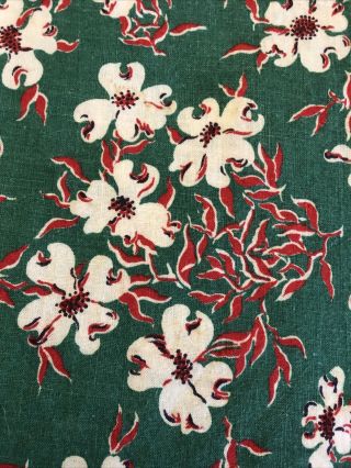 Vintage Full Feed Sack Red And White Dogwood With Red Leaves On Dark Green