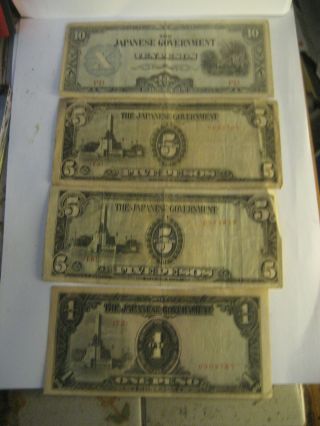 4 Vintage Government Of Japan - - 10,  5,  & 1 Pesos Paper Bills/currency/money