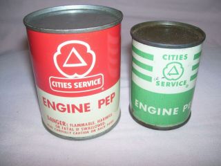 2 Old Vintage Cities Service Engine Pep Can Gas & Oil Advertising Tins Full