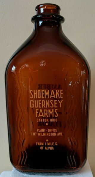 Vintage Shoemake Guernsey Farms Amber Half Gallon Milk Bottle Dayton Ohio Oh