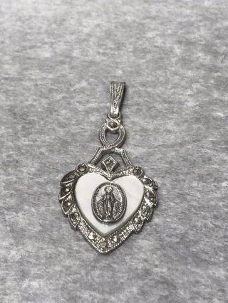 Vtg Sterling Silver Mother Pearl Marcasite Heart Pendant Religious Mary Art Deco