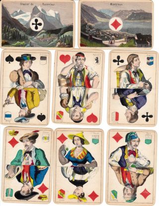 Antique Swiss Muller Stencil Col Playing Cards Swiss Courts & Scenic Aces C1885
