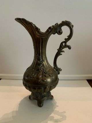 Vintage Ornate Brass Colored Metal Pitcher Ewer Made In Italy