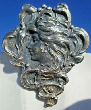 Antique French Silvered Button " Art Nouveau Lady Hair Flowing " Vintage Metal