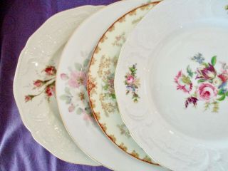 4 Vintage Mismatched China Salad Dessert Cake Plates 7 5/8” - 8 3/8” Pink Flowers