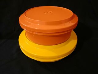 2 Vintage Tupperware 8 " Yellow & 6.  5 " Orange Seal N Serve Bowls 1336 Lid 1253