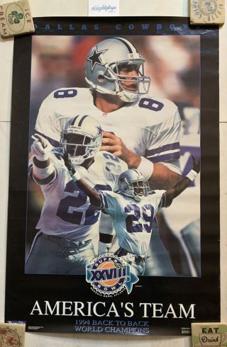 Vtg 1994 Dallas Cowboys America’s Team Costacos Back To Back Champ Poster 23x35