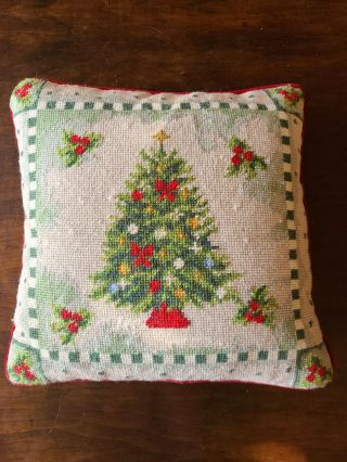 Vintage Wool Needlepoint Pillow Christmas Tree Red Velvet Back W/zipper 14x14