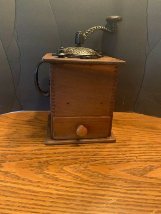 Antique Vintage Coffee Mill Grinder,  Cast Iron & Wood,  Hand Crank 2