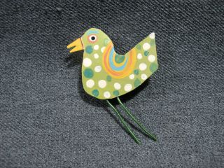 Vintage Artisan Folk Hand Painted Metal Bird Pin Signed Cris Pool
