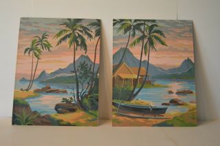 Vintage Oil On Board Tiki Pacific Island Tropical Beach Sunset Palm Trees Art