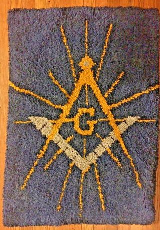 Completed Hook Rug Mason Symbol,  Wall Hanging,  Square & Compass,  36 " X 25 " Vtg