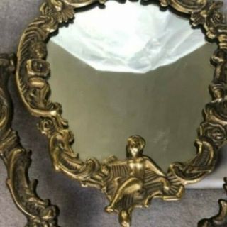 Vintage Ornate Brass Vanity Mirror With Cherubs & Shell Detail Victorian Revival