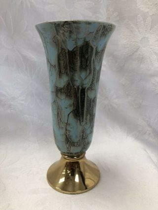 Vintage Delft Holland Pottery Vase Aqua And Brass Metal
