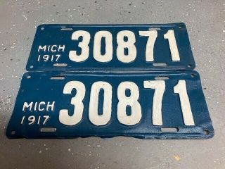 Vintage Embossed Pair 1917 Michigan License Plates Repainted