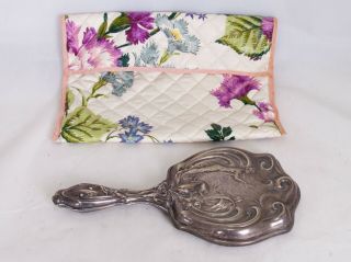 Antique Art Nouveau Hand Mirror G Silver Repousse & Vintage Hand Made Pouch