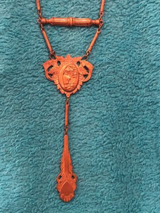 Antique Art Nouveau Lady Pendulum Style Brass Necklace.  Very Old
