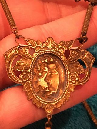 Antique Art Nouveau lady pendulum style brass necklace.  VERY OLD 2