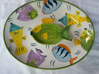 Vintage Large Ceramic Chips And Dip Platter Clay Art Hand Painted Fish Aquarium