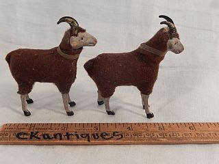 4 Antique Brown Wooly Sheep Rams Metal Horns Wood Legs Putz,  Creche,  Nativity