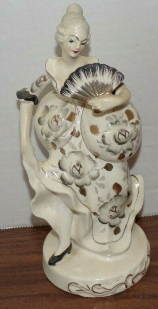 Vintage Japan Ceramic White Gold Trim Victorian Lady Holding Fan Figurine 8 " Tall