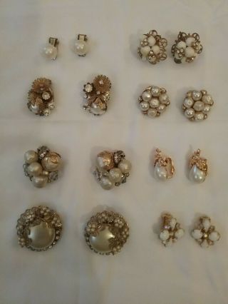 8 Pairs Of Vintage,  Faux Pearl Earrings With Gold Accents.