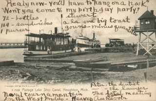 Mich Portage Lake Ship Canal Houghton Michigan Vintage Litho Postcard