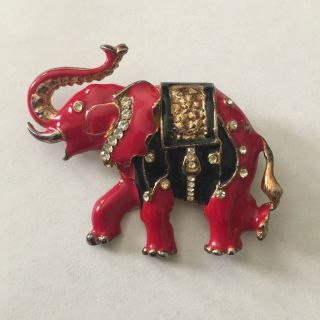 Vintage Red Enamel And Rhinestones Elephant Pendant Brooch