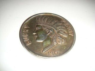 Vintage 1917 Large Lucky Penny Souvenir Of Detroit Indian Head Medal Exonumia