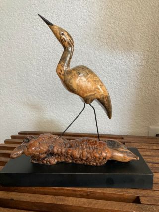 Wood Bird On Burl Wood Base Vintage Sculpture 10 "