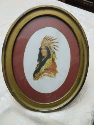 Antique Oval Metal Frame With 1907 Print Of Native American Girl In Headdress