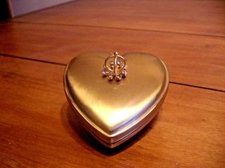 Vtg.  Gold Heart Shaped Satin Finish Ring/trinket Box W/rhinestones & Rings Trim