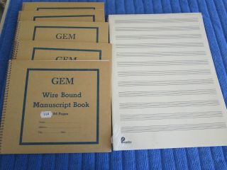 Vintage " Gem " 5 Pack 64 Page Six Stave Wire Bound Manuscript Books,  More