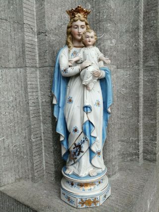 Huge Antique France Porcelain Bisque Madonna Virgin Mary With Baby Jesus Statue