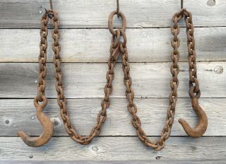 Antique Cast Iron Hooks With Heavy - Duty Rusty Chain Length Vintage Farm Tools