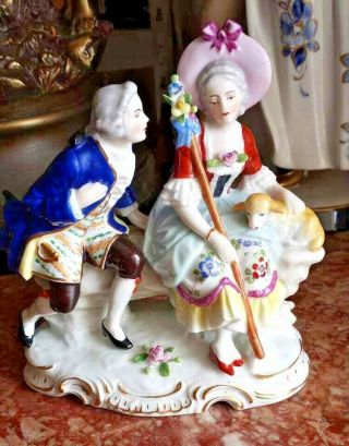 Antique German Sitzendorf Porcelain Figurine,  Courting Couple W.  Sheep,  Xix C.