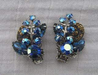 Vintage Signed Beau Jewels Blue Aurora Borealis Rhinestone Clip On Earrings